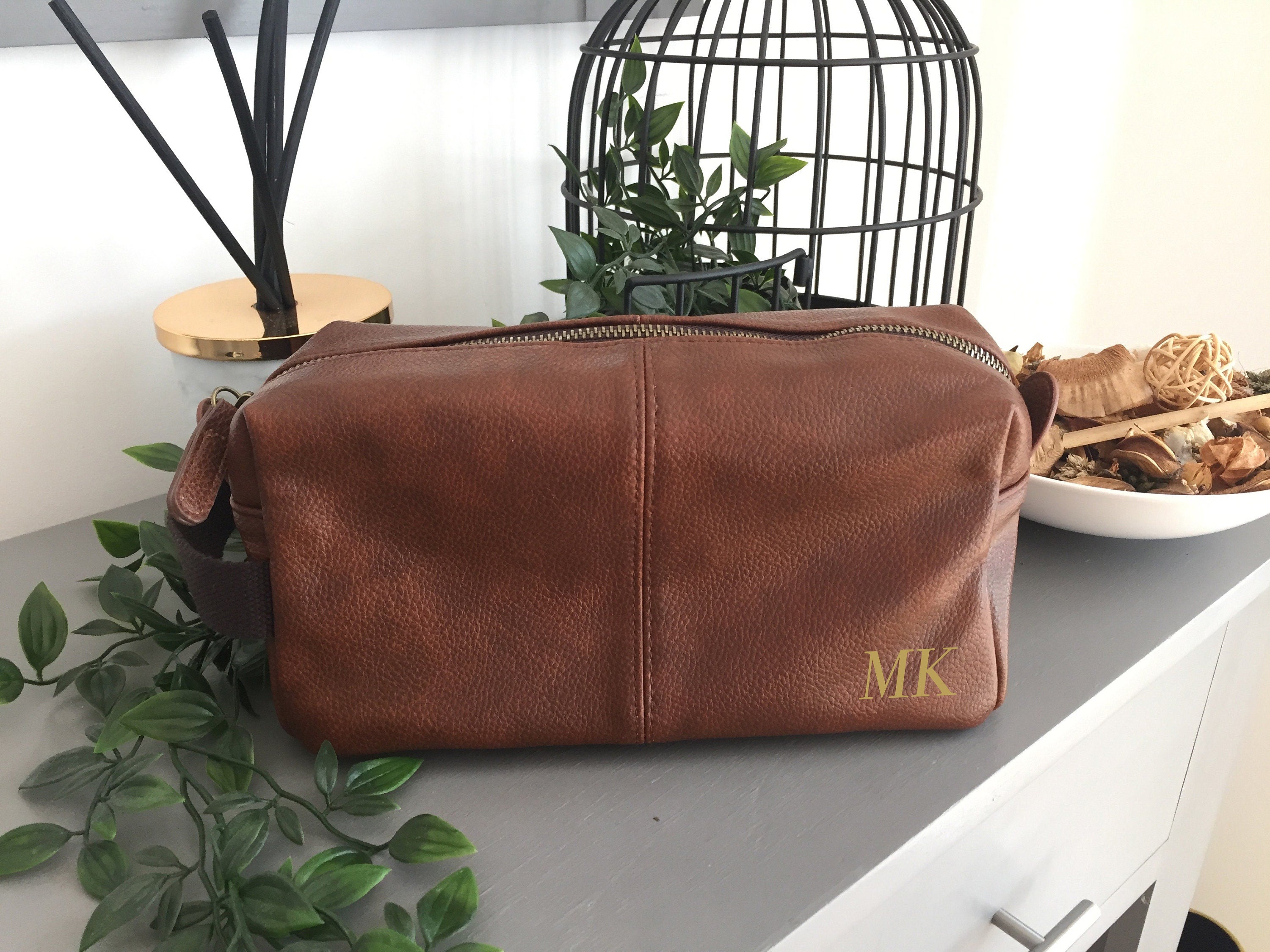 Brown Personalised Dad Washbag, Father Wash Bag, Daddy Gifts, Christmas Dad Gift, Leather Look Wash Bag, Initial Washbag, Men's Gift