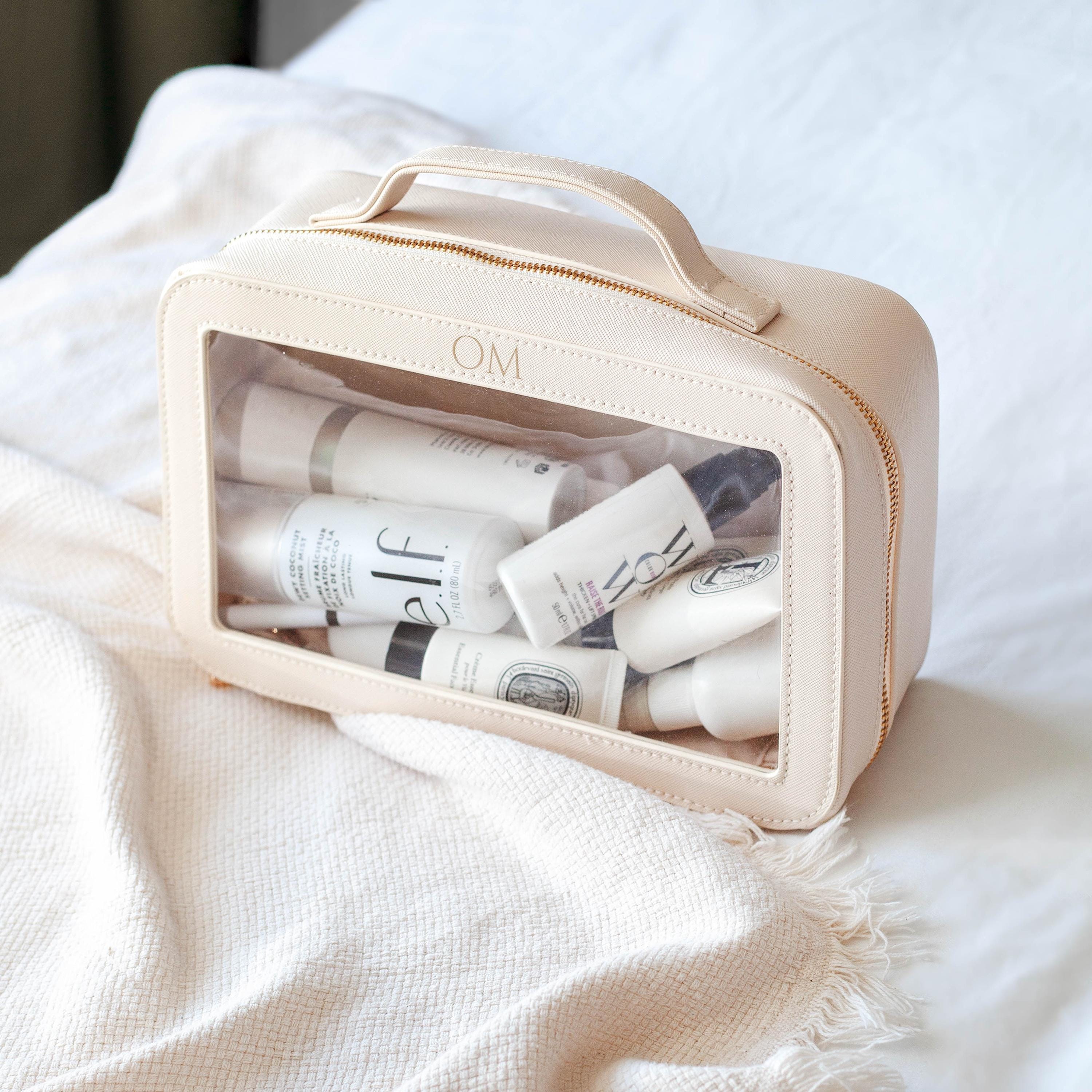 Personalised clear cosmetic bag with small monogram, custom makeup bag, clear wash travel bag personalised gift for bridesmaid, travel bag